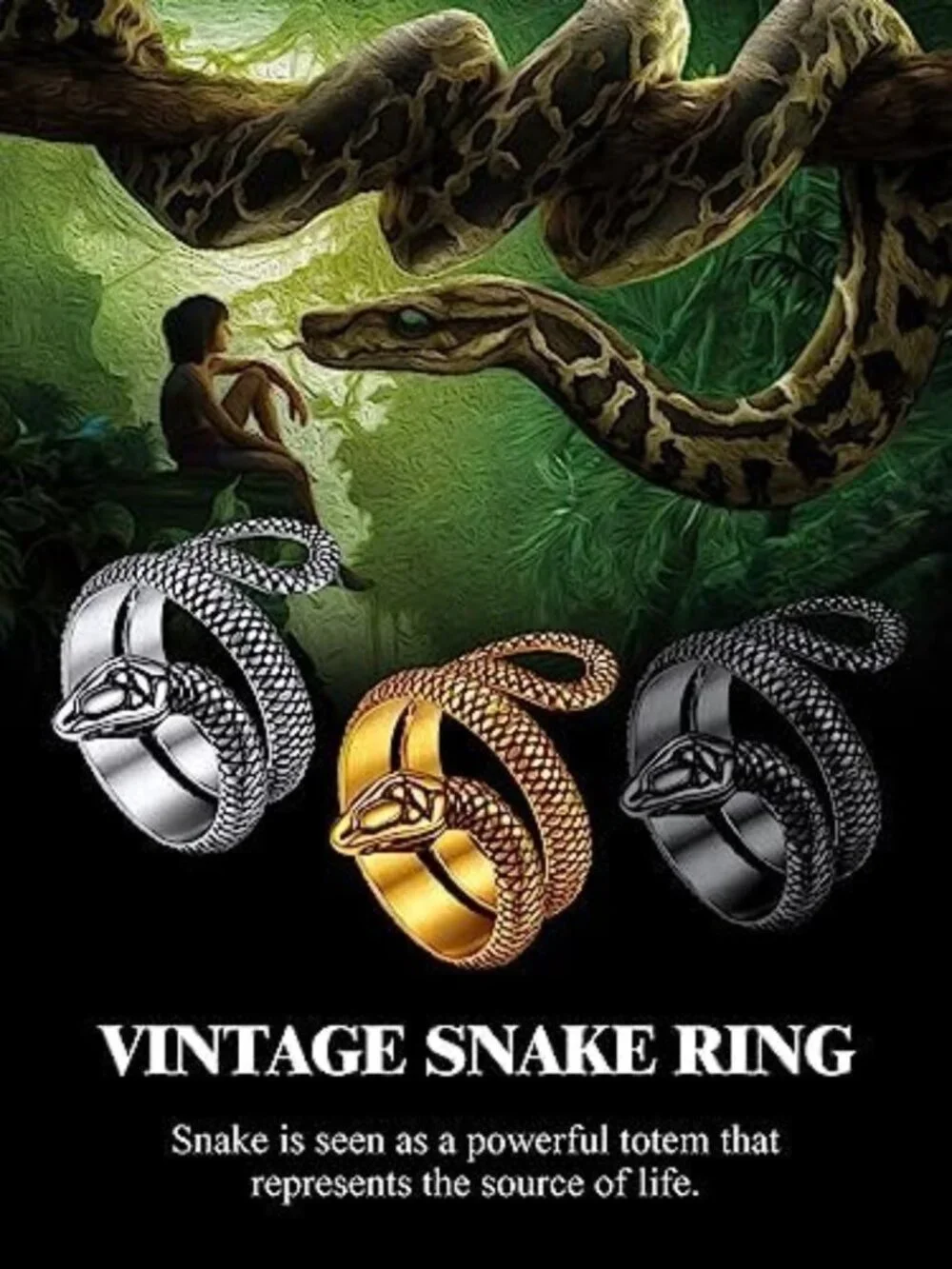 Stylish Black Snake Ring for Men & Women - Stainless Steel & 18K Gold Plated